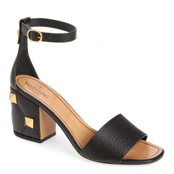 Valentino Rockstud Roman Stud Black Gold Ankle Strap Sandal Block Heel Pump 42 - Picture 1 of 12